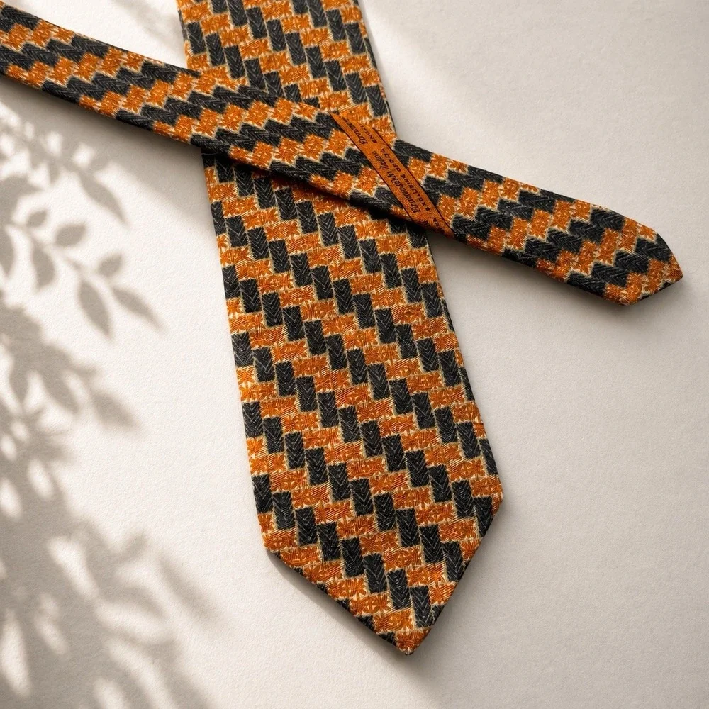 Ermenegildo Zegna Tie Men's Orange Black Houndstooth 100% Silk Made Italy